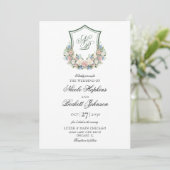 Dusty Blue Floral Wappen Wedding Einladung (Stehend Vorderseite)