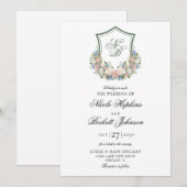 Dusty Blue Floral Wappen Wedding Einladung (Vorne/Hinten)