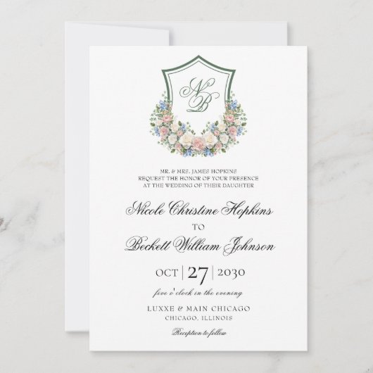 Dusty Blue Floral Wappen Wedding Einladung (Vorderseite)