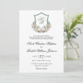 Dusty Blue Floral Wappen Wedding Einladung (Stehend Vorderseite)