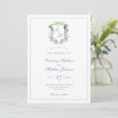 Dusty Blue Floral Wappen Wedding Einladung (Stehend Vorderseite)