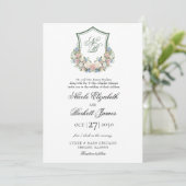 Dusty Blue Floral Wappen Wedding Einladung (Stehend Vorderseite)