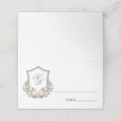Dusty Blue Floral Wappen Wedding Platzkarte (Außenseite Aufgefaltet)