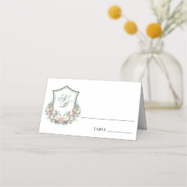 Dusty Blue Floral Wappen Wedding Platzkarte