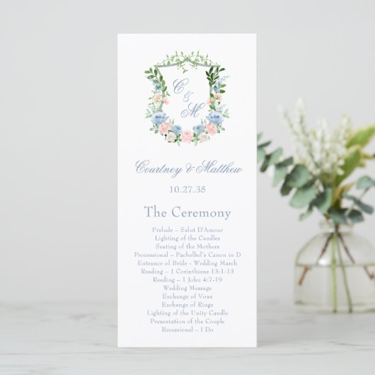 Dusty Blue Floral Wappen Wedding Programm (Stehend Vorderseite)