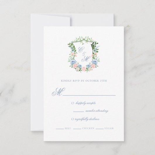 Dusty Blue Floral Wappen Wedding RSVP Karte (Vorderseite)