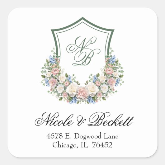 Dusty Blue Floral Wappen Wedding Rücksendeadresse Quadratischer Aufkleber (Vorderseite)