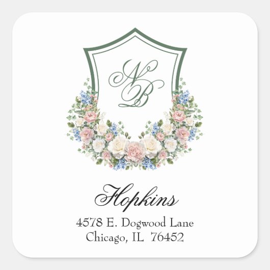 Dusty Blue Floral Wappen Wedding Rücksendeadresse Quadratischer Aufkleber (Vorderseite)