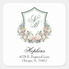 Dusty Blue Floral Wappen Wedding Rücksendeadresse Quadratischer Aufkleber