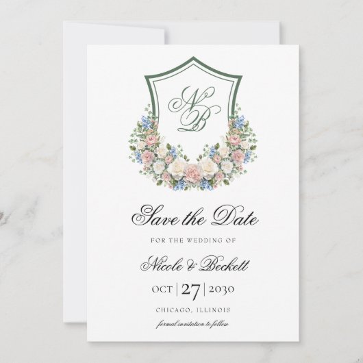 Dusty Blue Floral Wappen Wedding Save The Date (Vorderseite)