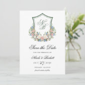 Dusty Blue Floral Wappen Wedding Save The Date (Stehend Vorderseite)