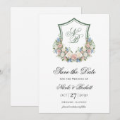 Dusty Blue Floral Wappen Wedding Save The Date (Vorne/Hinten)