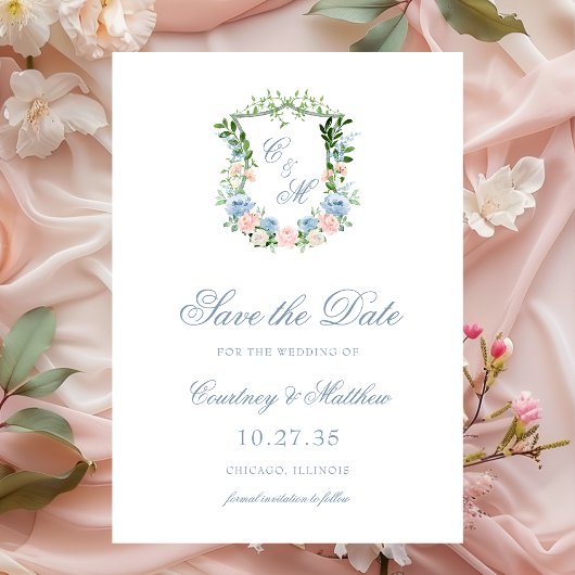 Dusty Blue Floral Wappen Wedding Save The Date