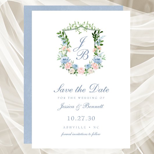 Dusty Blue Floral Wappen Wedding Save the Date