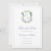Dusty Blue Floral Wappen Wedding Save The Date (Vorderseite)