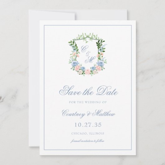 Dusty Blue Floral Wappen Wedding Save The Date (Vorderseite)