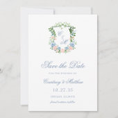 Dusty Blue Floral Wappen Wedding Save The Date (Vorderseite)
