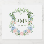Dusty Blue Floral Wappen Wedding Schaumweinetikett (Einzelnes Label)