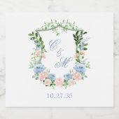 Dusty Blue Floral Wappen Wedding Schaumweinetikett (Einzelnes Label)