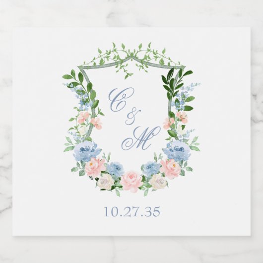 Dusty Blue Floral Wappen Wedding Schaumweinetikett (Einzelnes Label)
