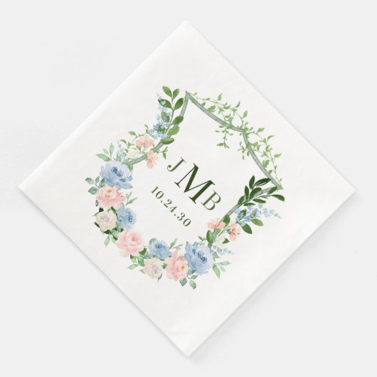Dusty Blue Floral Wappen Wedding Serviette (Ecke)