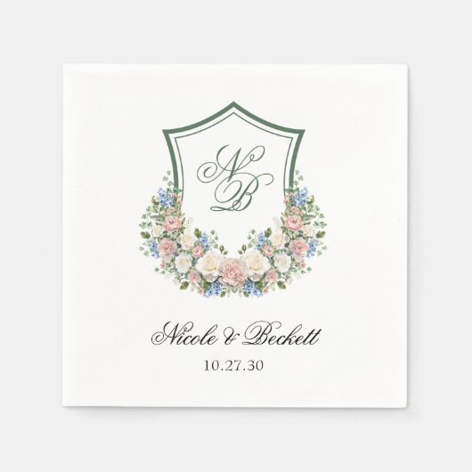 Dusty Blue Floral Wappen Wedding Serviette (Vorderseite)