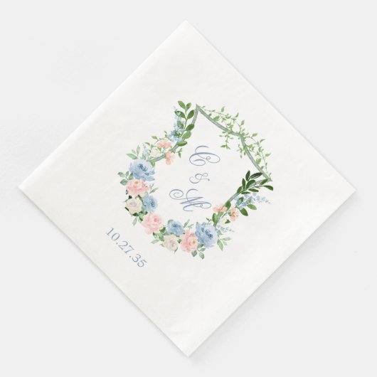 Dusty Blue Floral Wappen Wedding Serviette (Ecke)