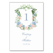 Dusty Blue Floral Wappen Wedding Tischnummer (Rückseite)