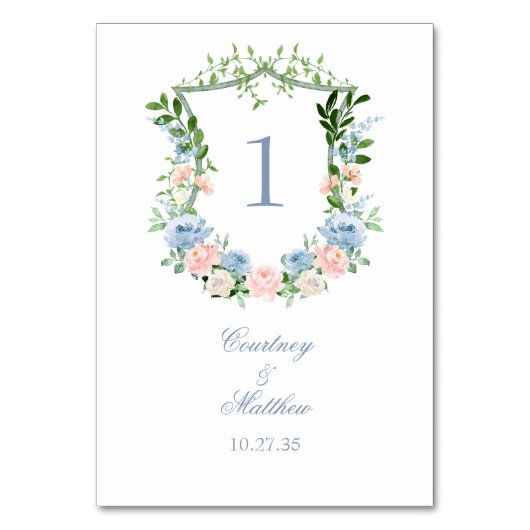 Dusty Blue Floral Wappen Wedding Tischnummer (Rückseite)