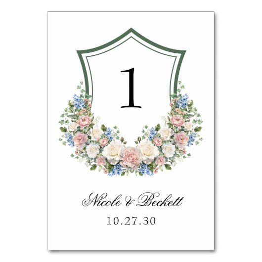 Dusty Blue Floral Wappen Wedding Tischnummer (Vorderseite)
