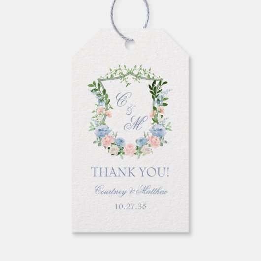 Dusty Blue Floral Wappen Wedding Vielen Dank Geschenkanhänger (Rückseite)