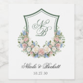Dusty Blue Floral Wappen Wedding Weinetikett (Einzelnes Label)