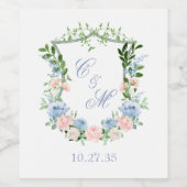 Dusty Blue Floral Wappen Wedding Weinetikett (Einzelnes Label)