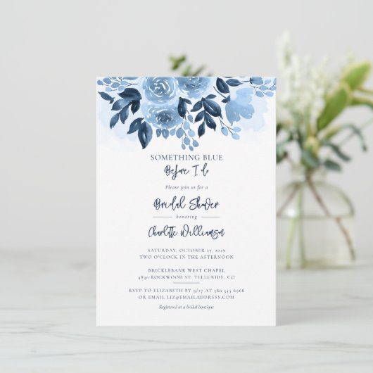 Dusty Blue Floral Watercolor Brautparty Einladung (Stehend Vorderseite)
