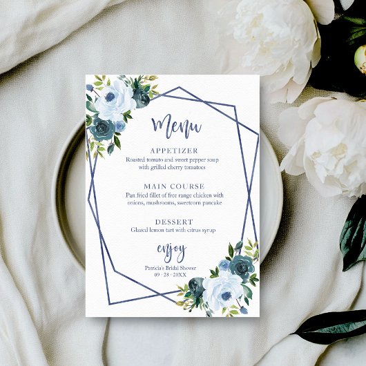 Dusty Blue Floral Watercolor Brautparty Menu Einladung