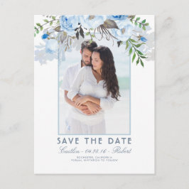 Dusty Blue Floral Watercolor Foto Save the Date Ankündigungspostkarte