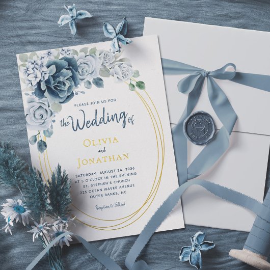 Dusty Blue Floral Watercolor Goldmedaille Hochzeit Folieneinladung