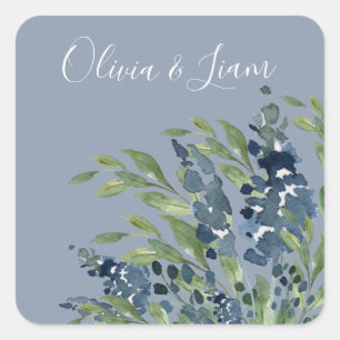 Dusty Blue Floral Watercolor Moderne Script Weddin Quadratischer Aufkleber