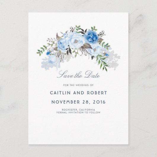 Dusty Blue Floral Watercolor Save the Date Ankündigungspostkarte (Vorderseite)