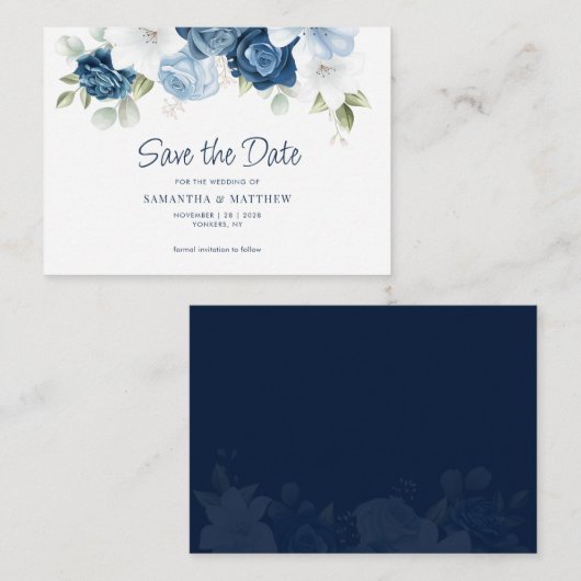 Dusty Blue Floral Watercolor Save the Date Mitteilungskarte (Vorne/Hinten)