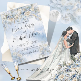 Dusty Blue Floral Watercolor Script Wedding Einladung