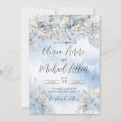 Dusty Blue Floral Watercolor Script Wedding Einladung (Vorderseite)