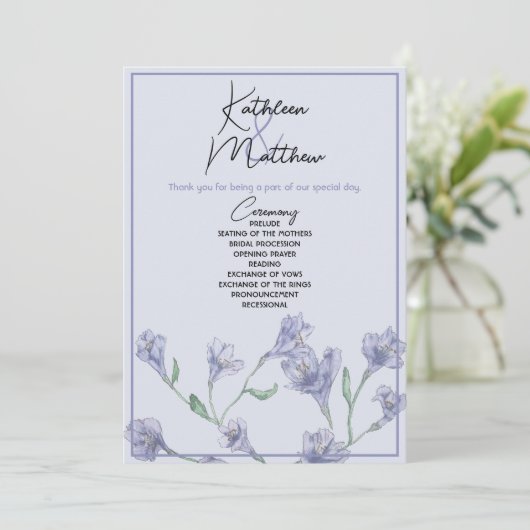 Dusty Blue Floral Watercolor Wedding Programm (Stehend Vorderseite)