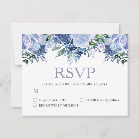 Dusty Blue Floral Watercolor Wedding RSVP Karte (Vorderseite)