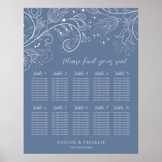 Dusty Blue Floral Wedding 10 Tables Seating Chart Poster (Vorne)
