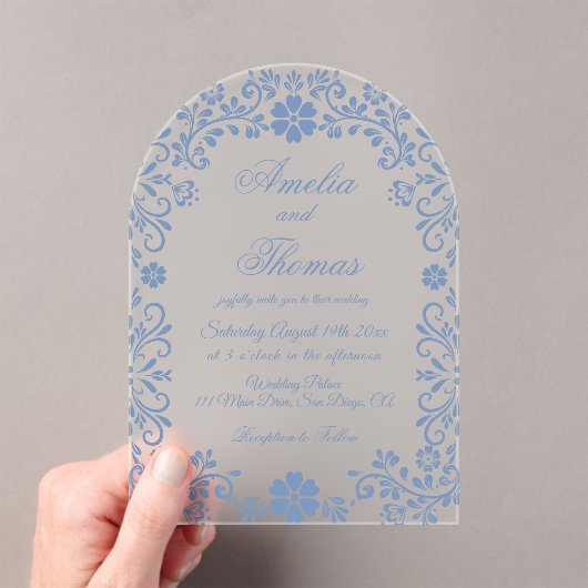 Dusty Blue Floral Wedding Acryleinladungen (Insitu (Handheld))
