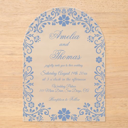 Dusty Blue Floral Wedding Acryleinladungen (Vorderseite)