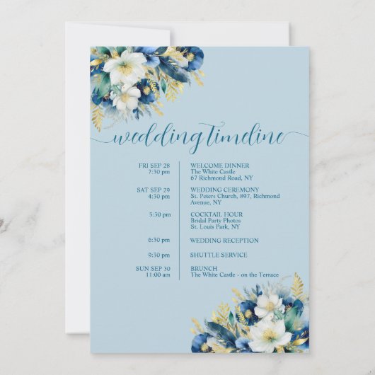 Dusty Blue Floral Wedding Bag Letter Timeline Card Einladung (Rückseite)