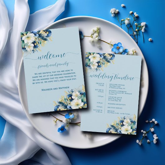 Dusty Blue Floral Wedding Bag Letter Timeline Card Einladung