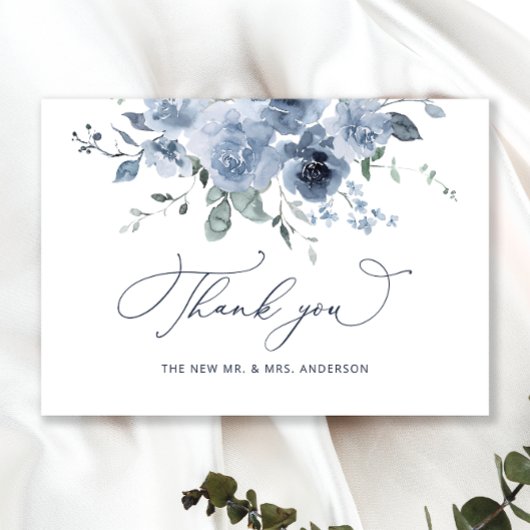Dusty Blue Floral Wedding Danke Card